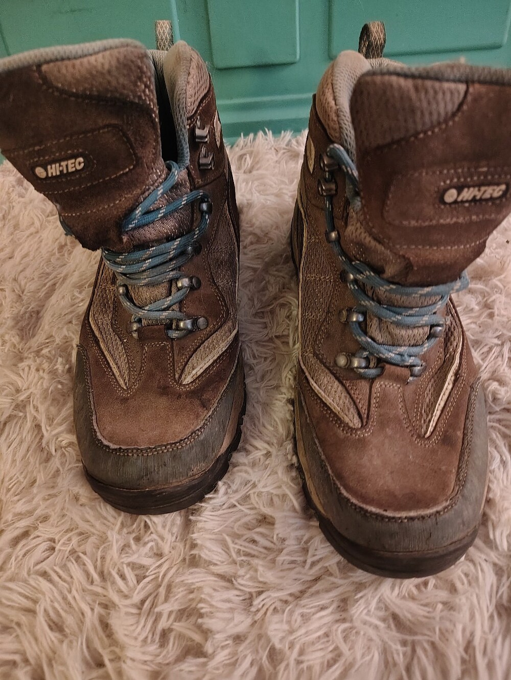 Hi-Tec Leather Hiking Work Boots Brown Blue Laces Women Size 10M #9779